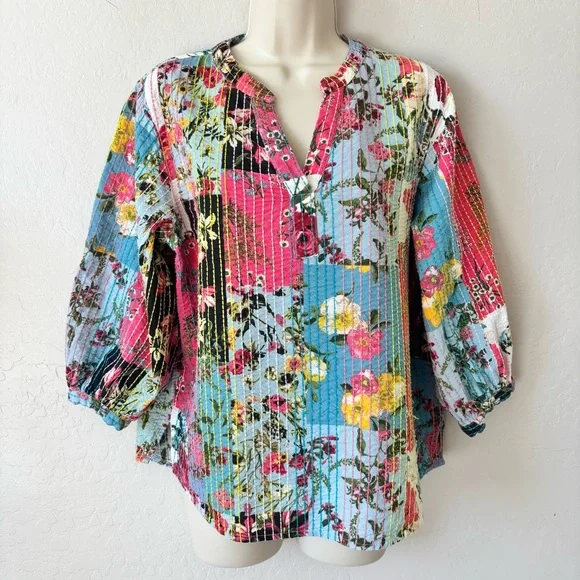 John Mark Multicolor patchwork kantha style Floral split neck 3/4 Sleeve Top - Picture 1 of 14